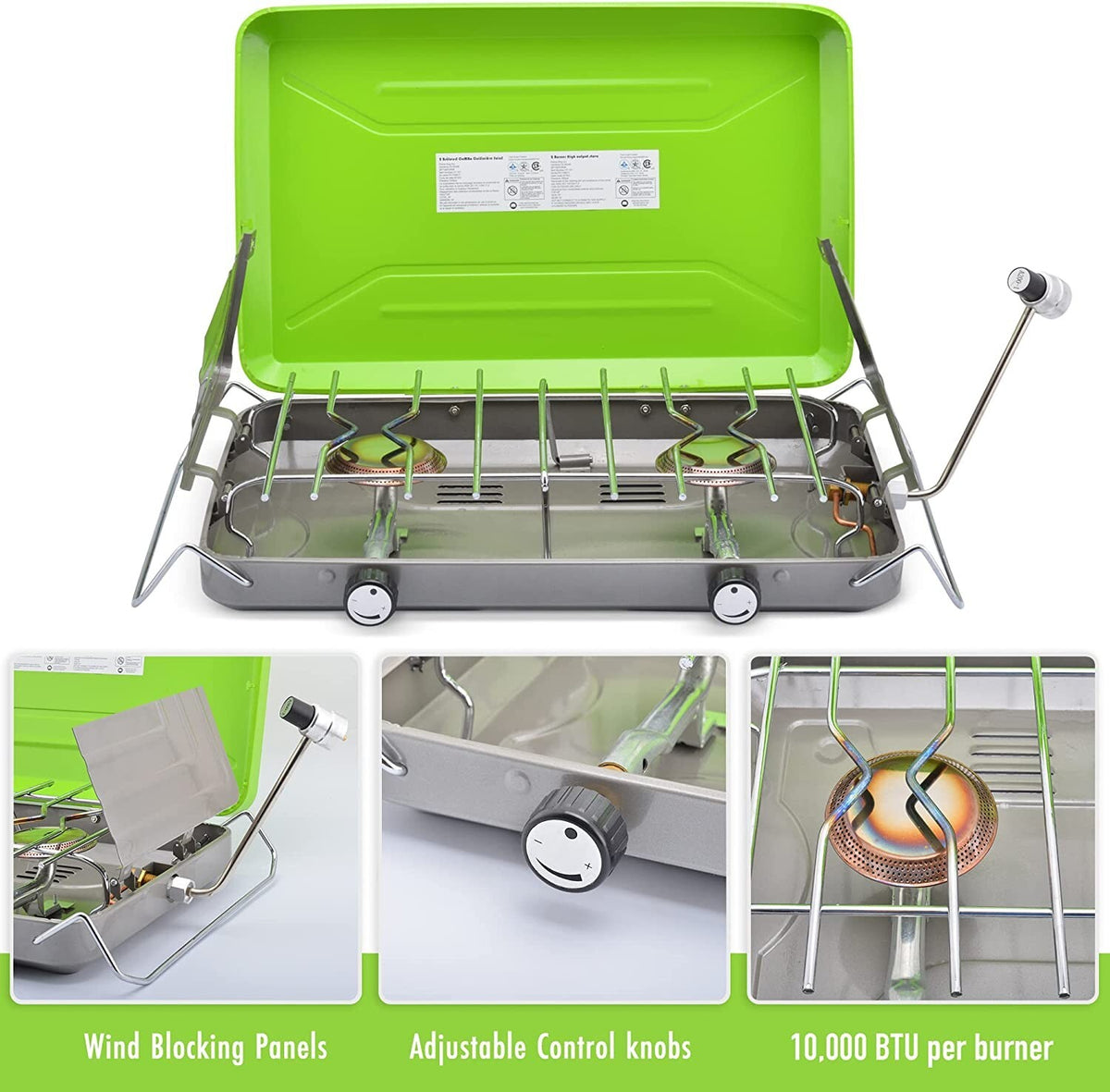 Portable 2 Burner Camping Stove with Wind Shields, 20,000 BTU