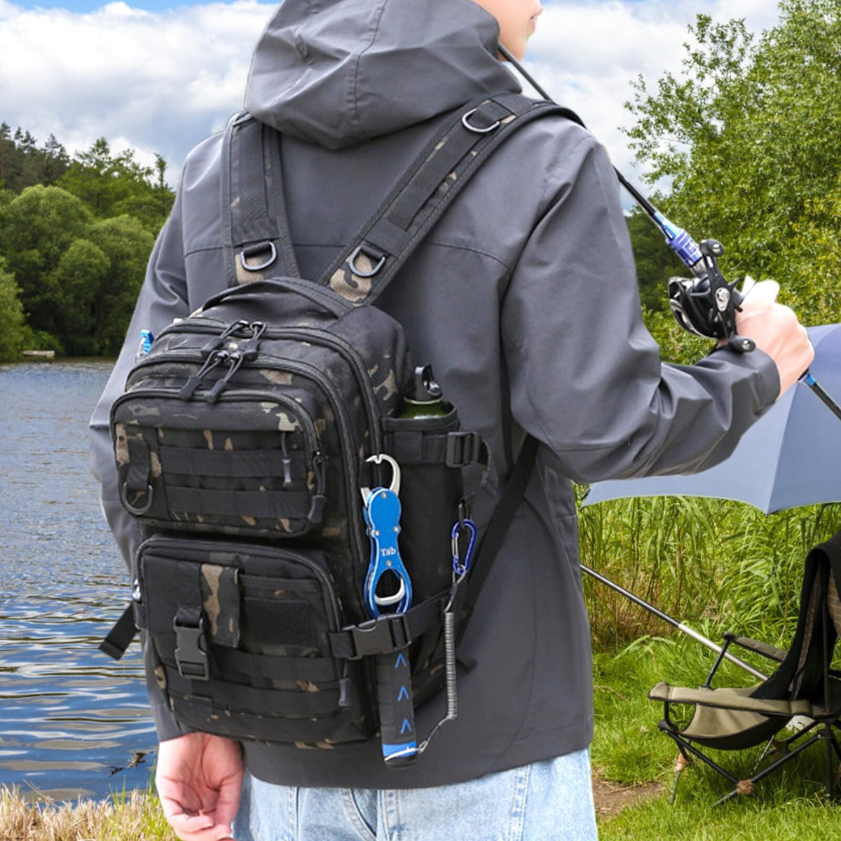 Waterproof Fishing Tackle Backpack with Rod Holder, Multiple Storage Pockets