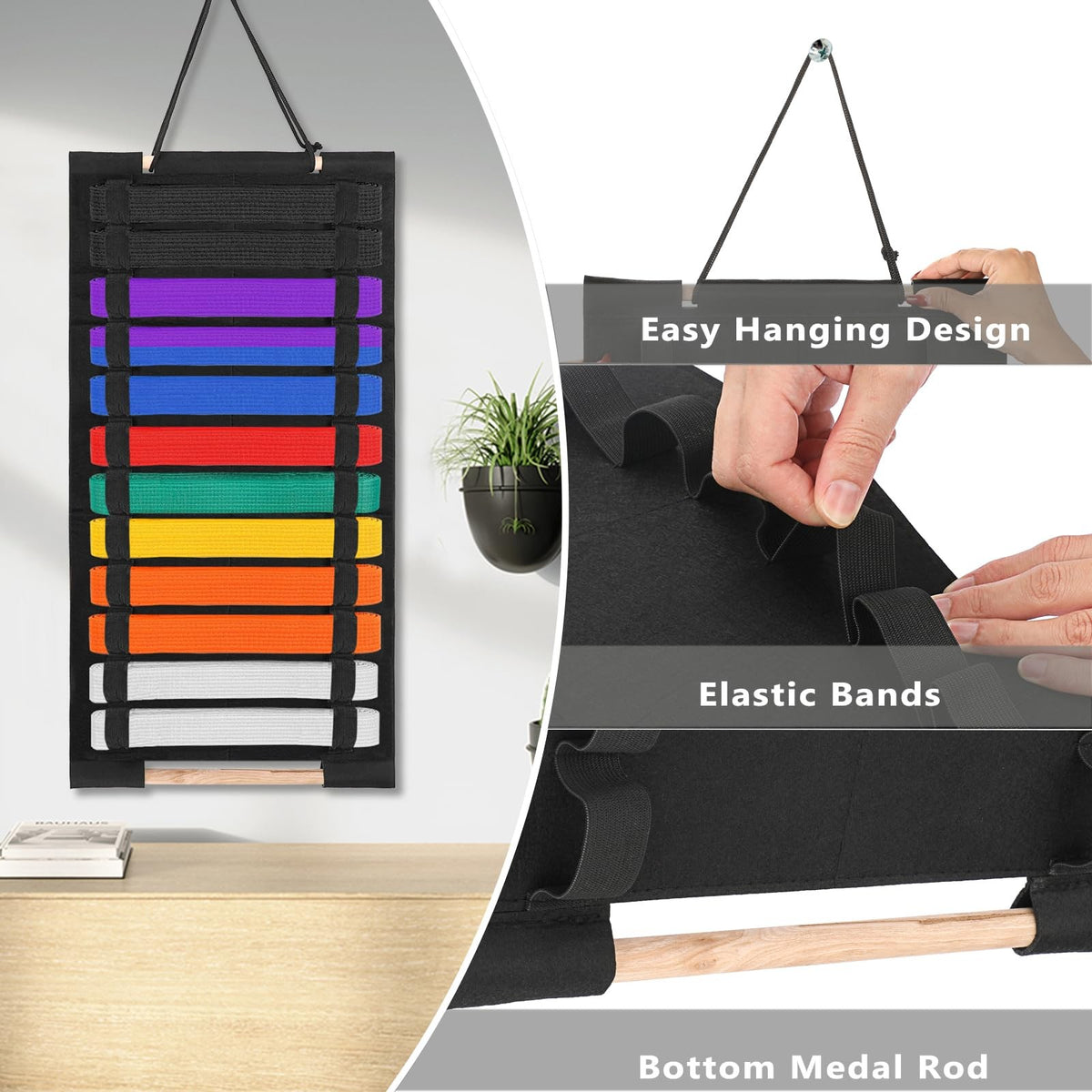 Martial Arts Belt Display Rack for Karate Taekwondo BJJ with Medal Holder