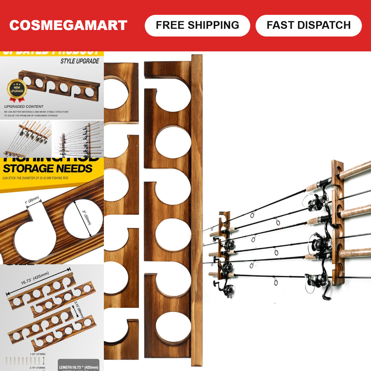 Wall & Ceiling Mount Fishing Rod Holder Rack for Up to 6 Rods