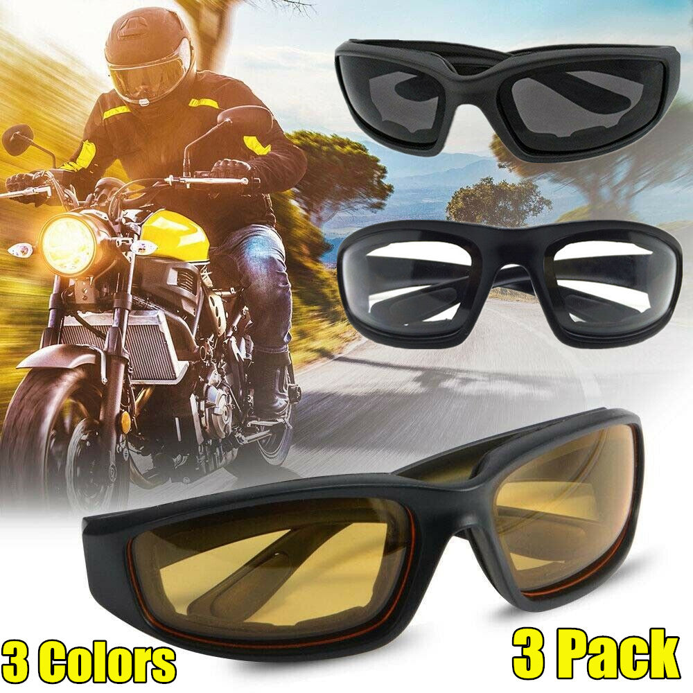 Motorcycle Riding Glasses 3 Pairs UV400 Shield Clear Smoke Yellow Padded Comfortable
