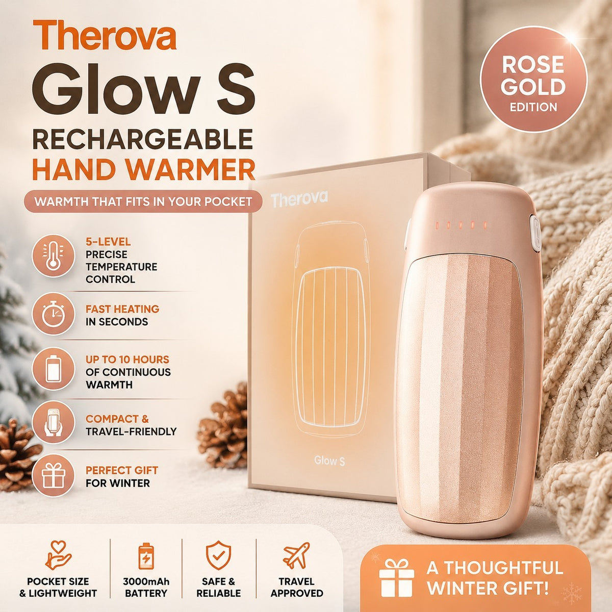 Rechargeable Hand Warmer Set - Portable Rose Gold Hand Warmers for Winter