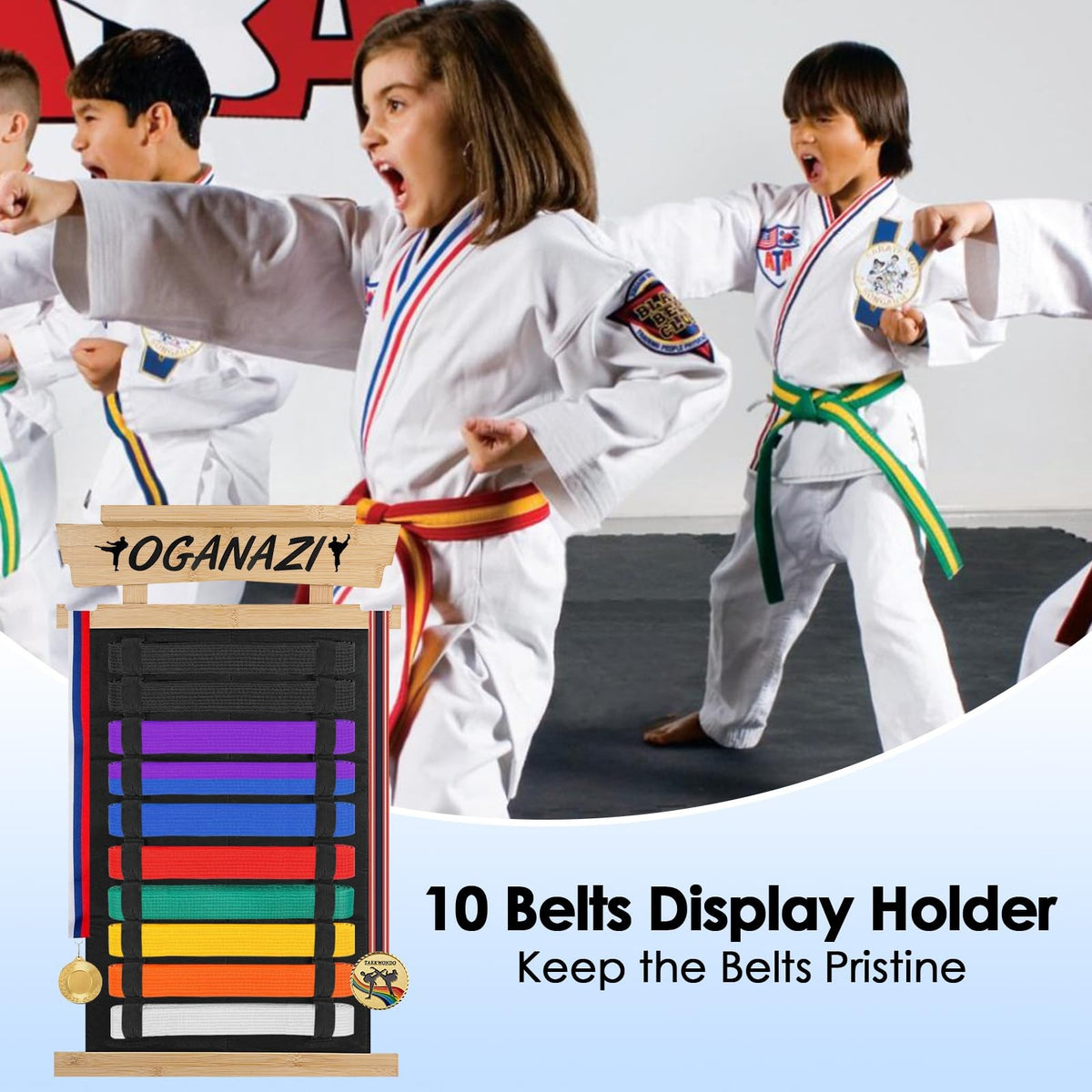Karate Belt Display Rack with Trophy Holder and Personalized Stickers - Wooden
