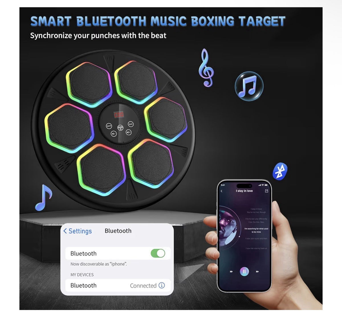 Bluetooth Wall Boxing Trainer with LED Lights & Gloves - 12 Modes