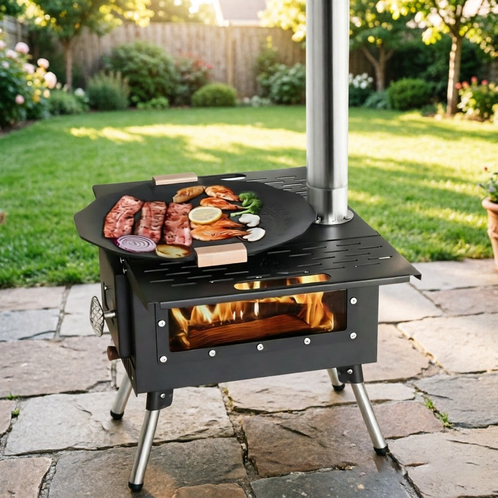Foldable Camping Wood Stove with Chimney & Accessories - Portable Outdoor Heater & Cooker