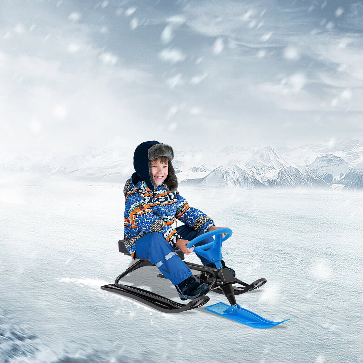 Kids & Adult Snow Racer Sled with Flexible Steering Wheel - Blue