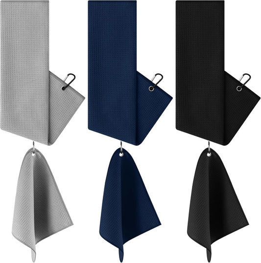 Golf Towels Set with Clips - Large 16x24 and Compact 12x12 Microfiber Towels for Golfing