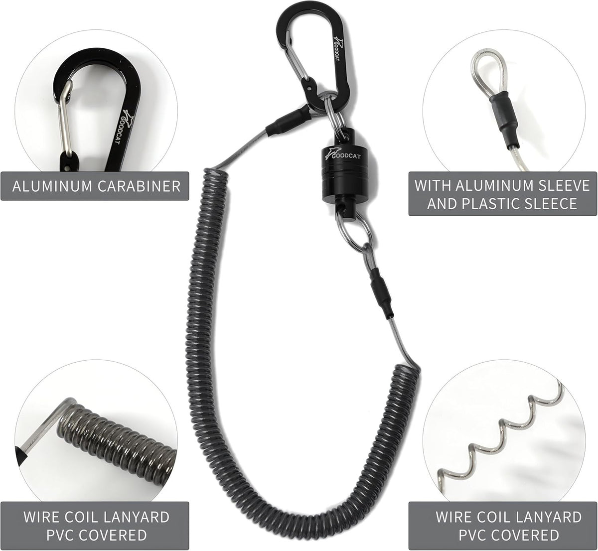 Magnetic Fly Fishing Net Release with Retractable Coiled Lanyard and Aluminum Carabiner