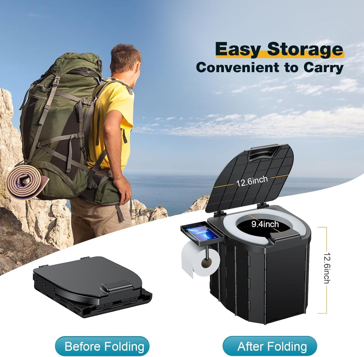 Portable Camping Toilet with Comfort Cushion & Splash Guard for RV & Elder Use