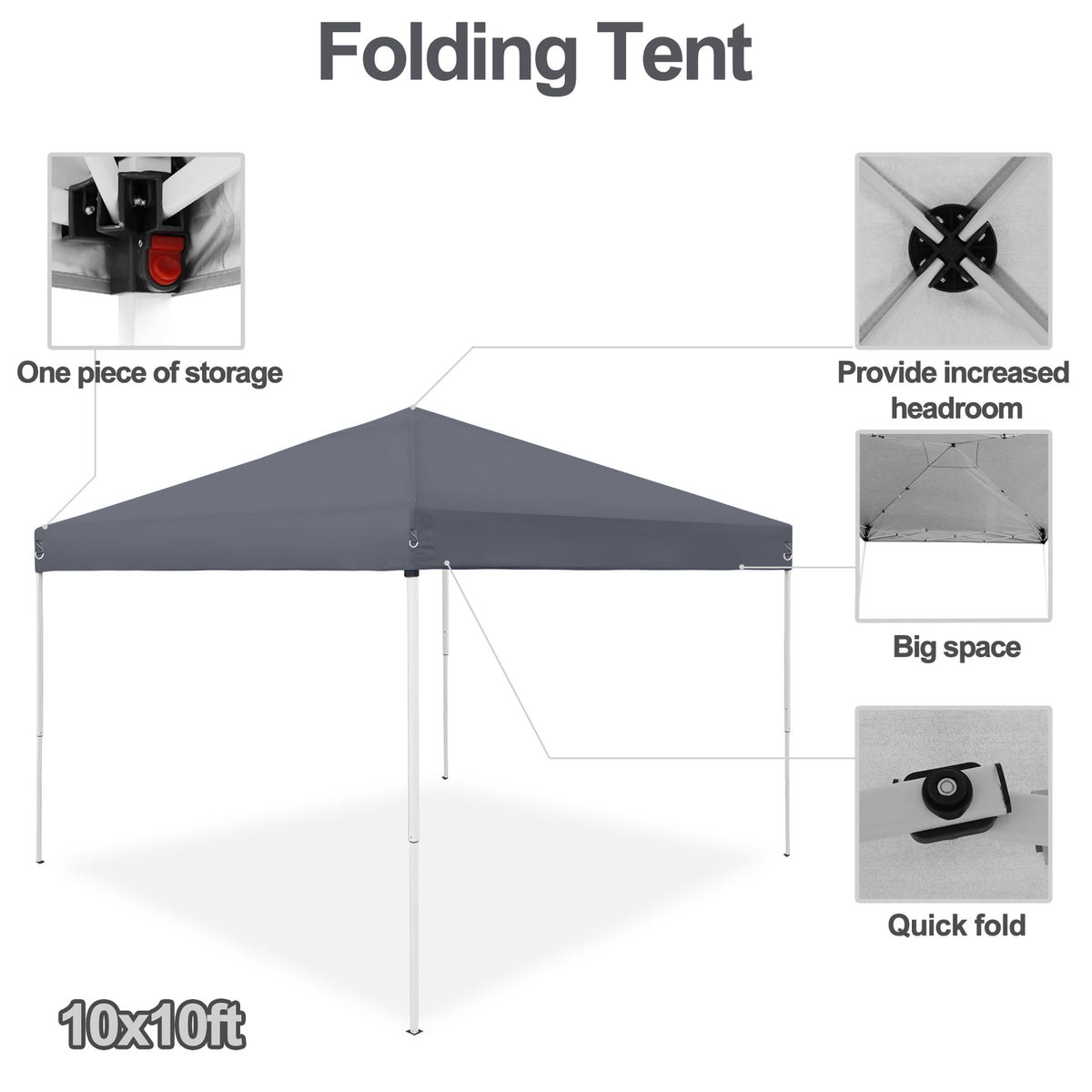 10x10 Pop Up Canopy Tent with Adjustable Heights and Wheeled Bag - Grey