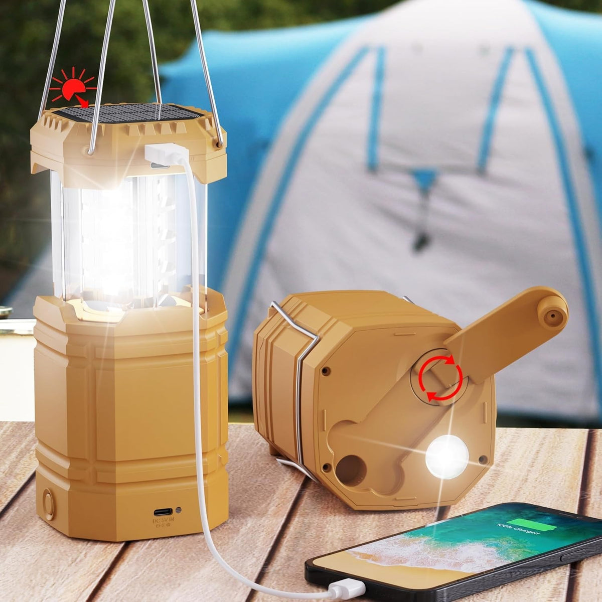 Outdoor LED Lantern with Hand Crank & USB Rechargeable Battery