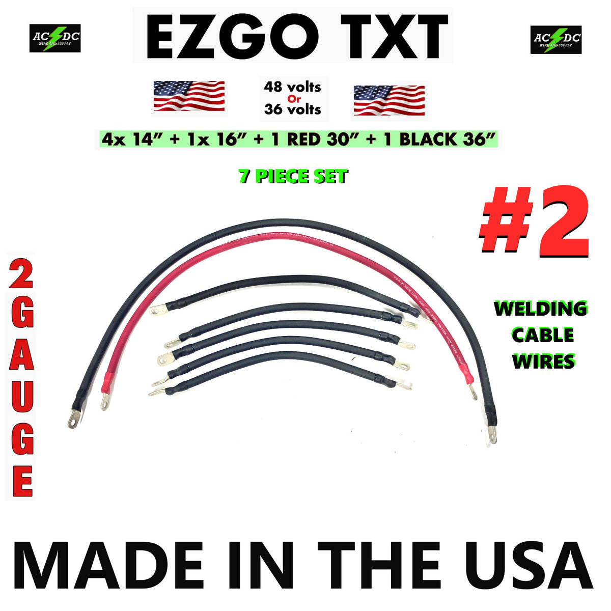 Heavy Duty Golf Cart Battery Cables Set for Ezgo TXT 36V 48V - 7 Pieces, 2 Gauge