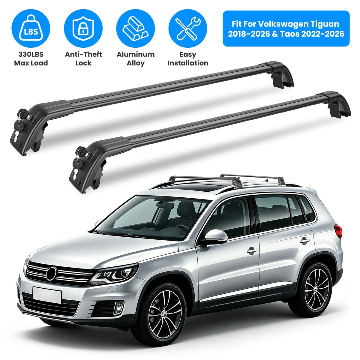 Roof Rack Cross Bars for Volkswagen Tiguan & Taos 2018-2026 - Heavy Duty Aluminum