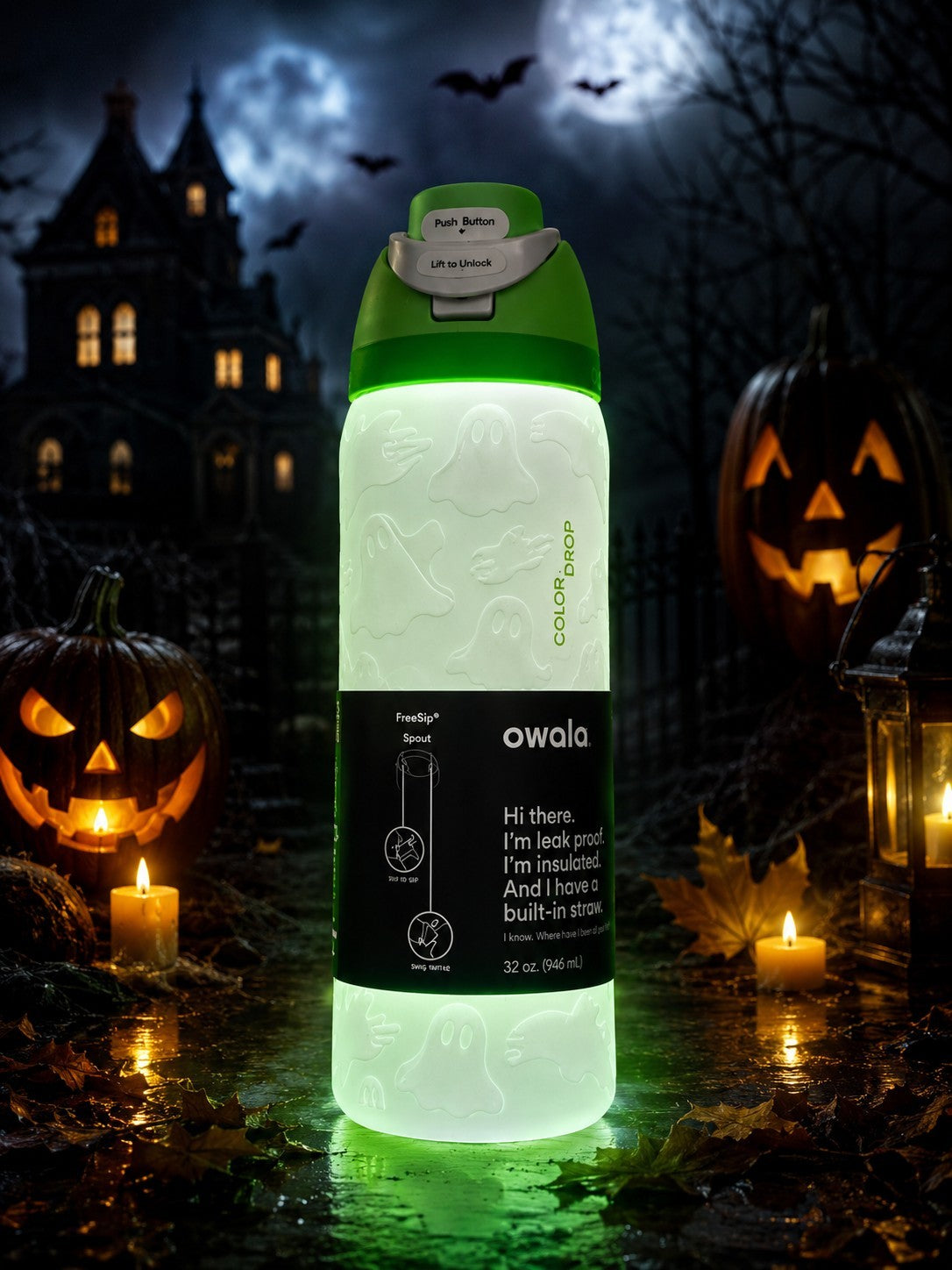Glow in the Dark Ghost Water Bottle - Insulated 32 oz Halloween Design