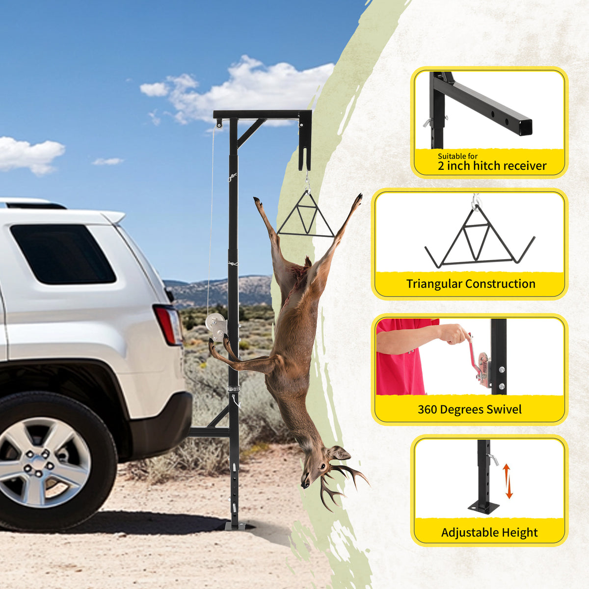 Hitch Mount Deer Hoist with Winch 400lb Capacity Swivel Gambrel Lift