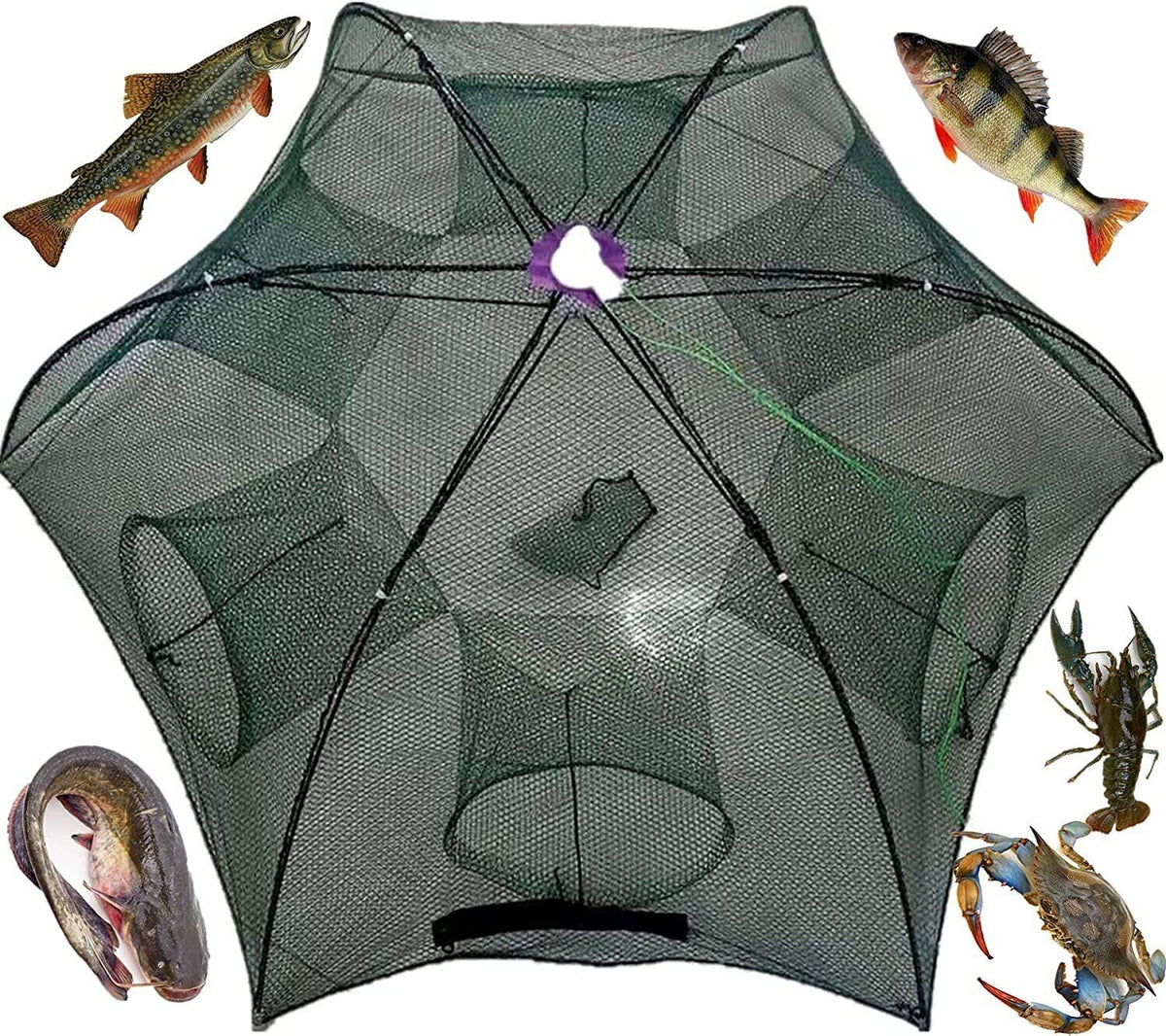 Foldable Fishing Bait Trap Crab Net Crawdad Shrimp Cage with Six Entrances