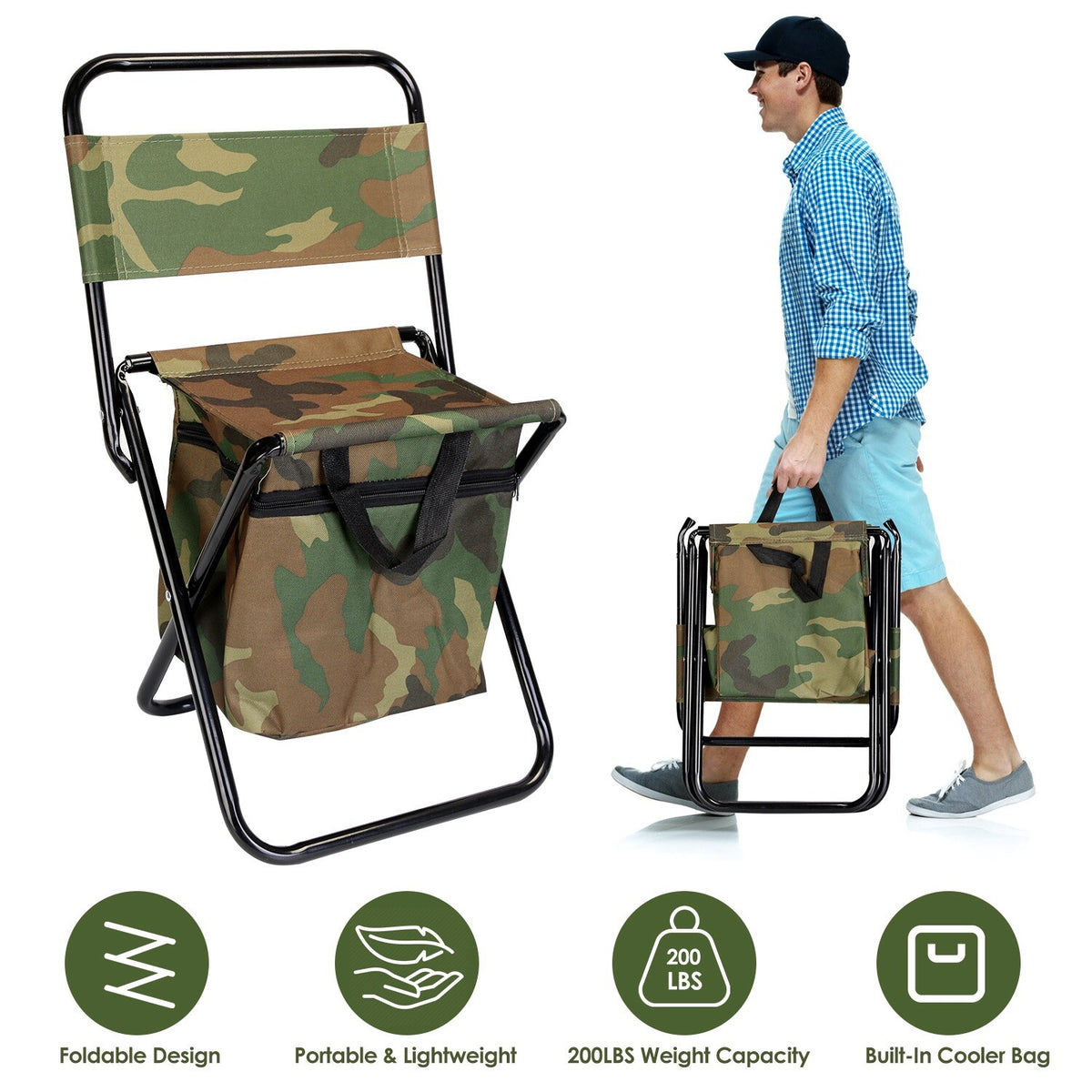 Portable Camping Chair with Cooler Bag and Backrest - Foldable Outdoor Stool