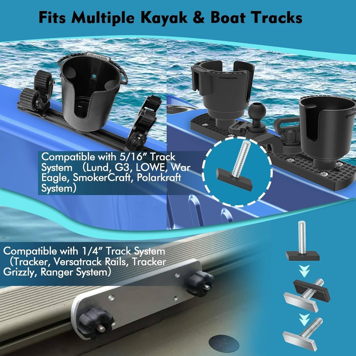 Adjustable Marine Double Boat Cup Holder 45° Track Mount ABS No Drill