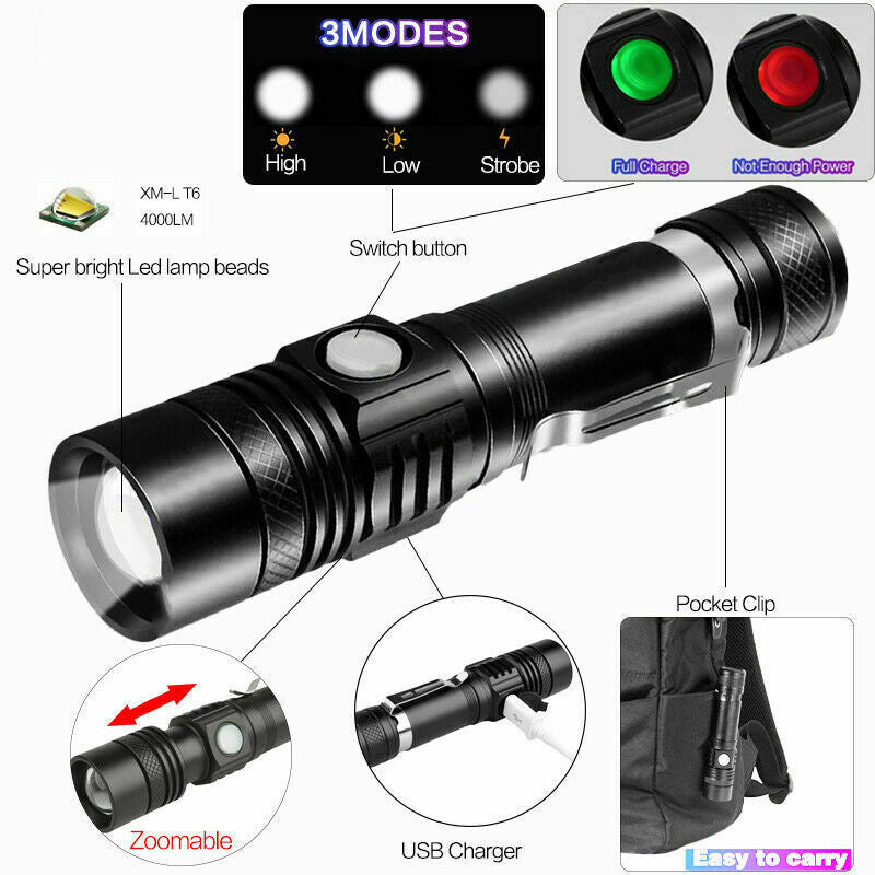 Rechargeable LED Tactical Flashlight with Zoom and Multiple Modes
