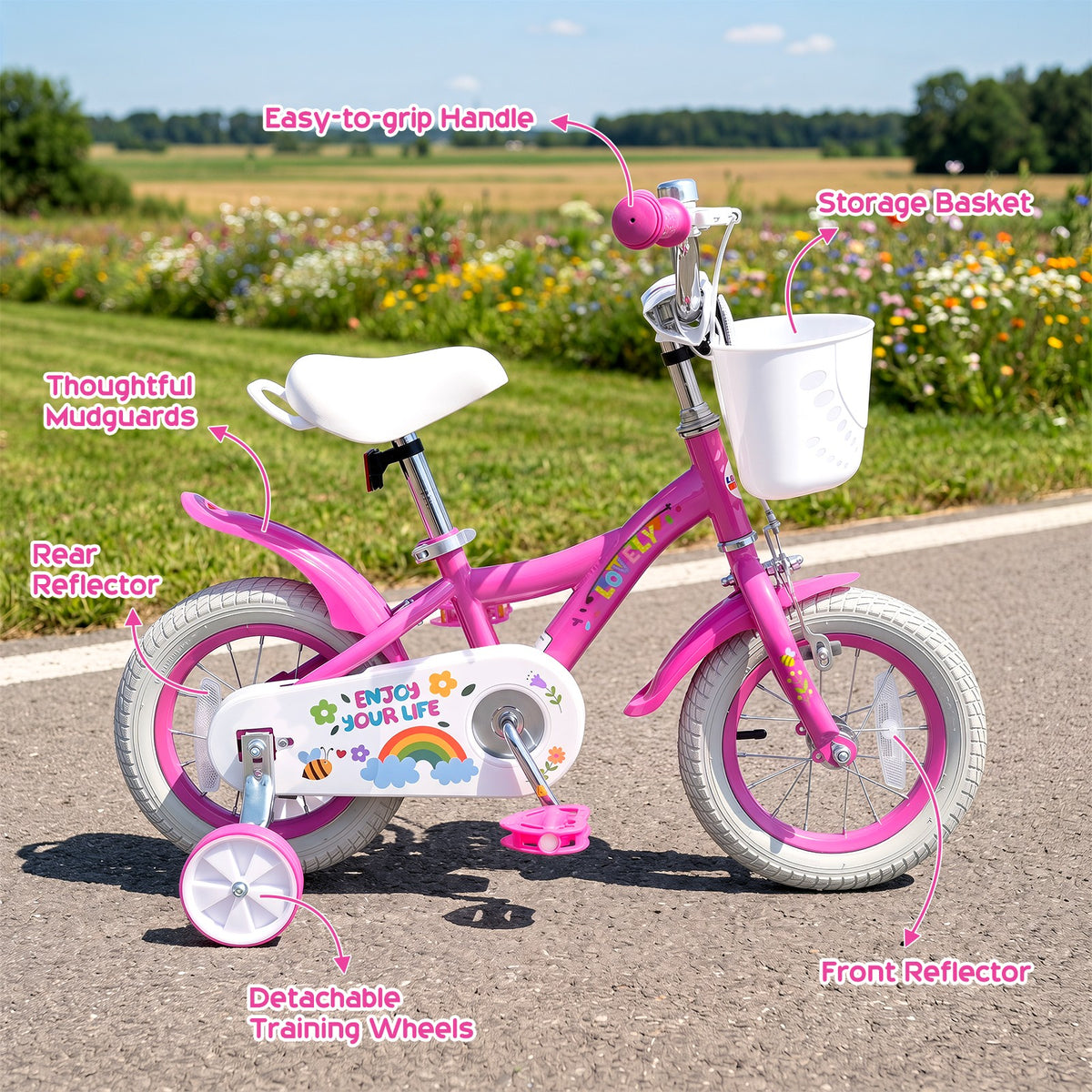 12-Inch Girls Bike with Removable Training Wheels and Front Basket - Age 3-8