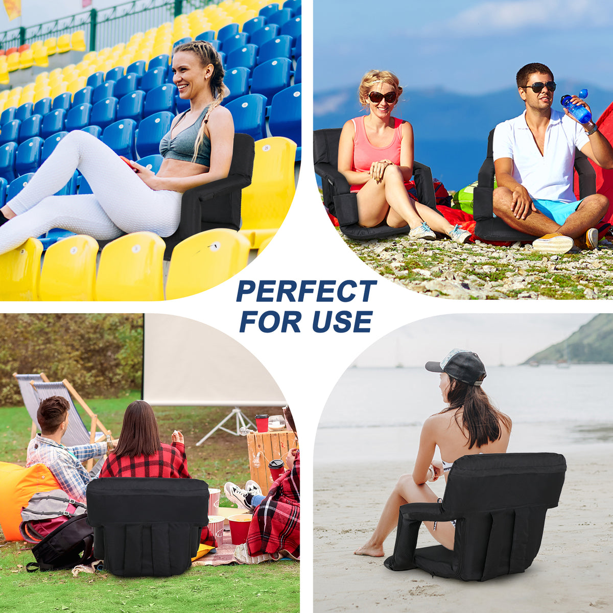 Portable Stadium Seat with Back Cushion & Reclining Positions for Bleachers