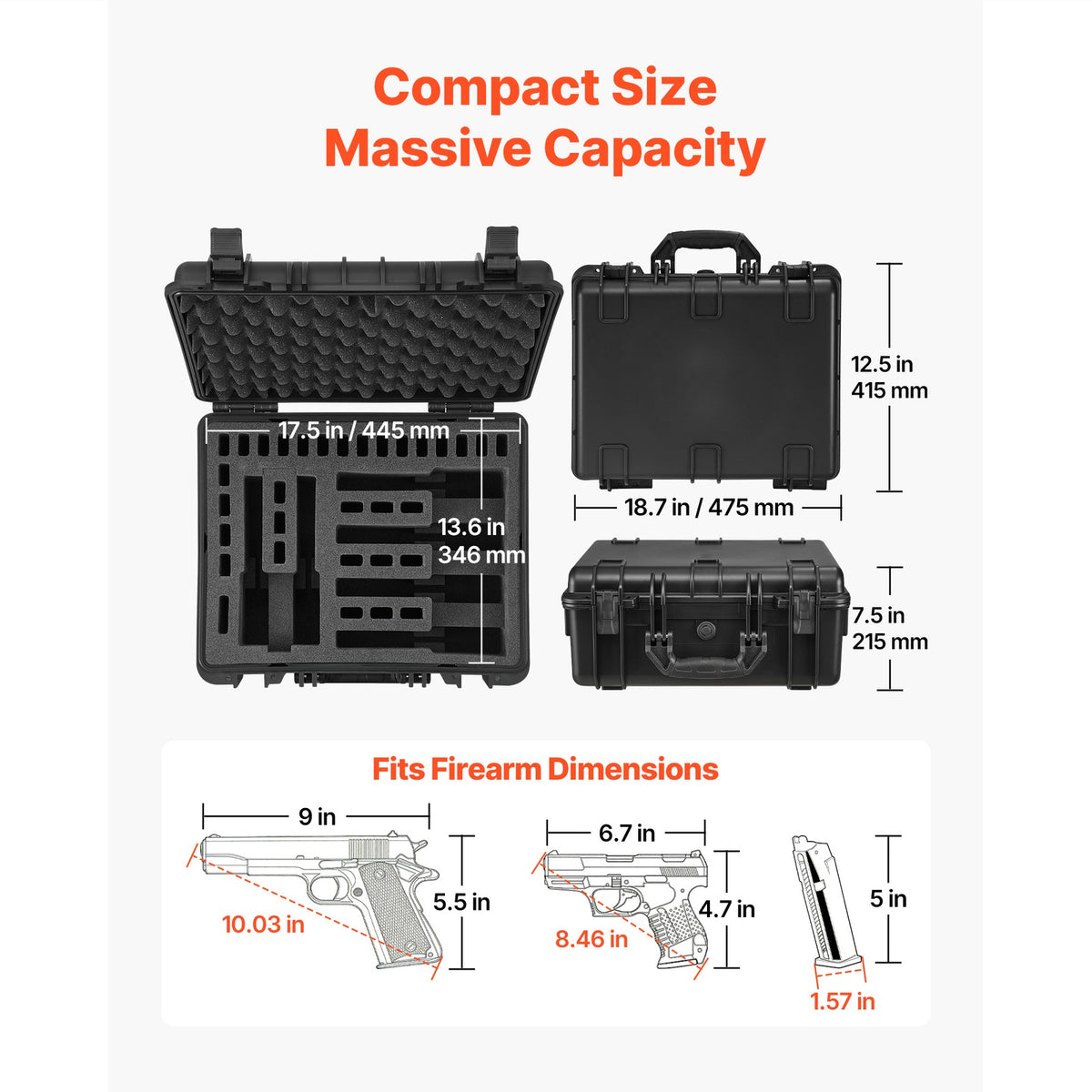 Hard Pistol Case with Foam Interior - Secure, Waterproof Gun Storage 18.7x12.5x7.5in