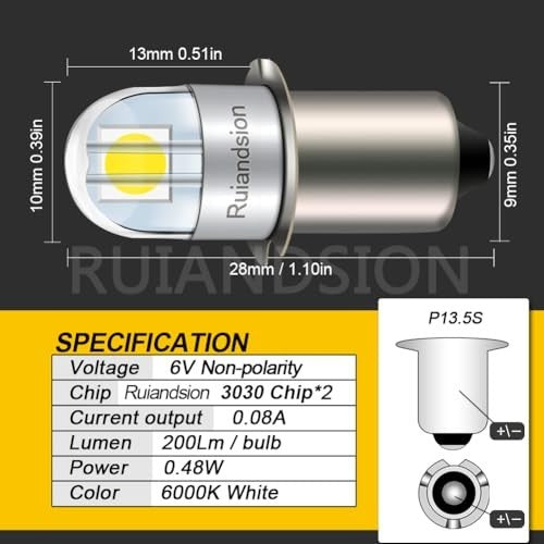 6V LED Flashlight Bulb P13.5S Non-Polarity Bright White Light Replacement