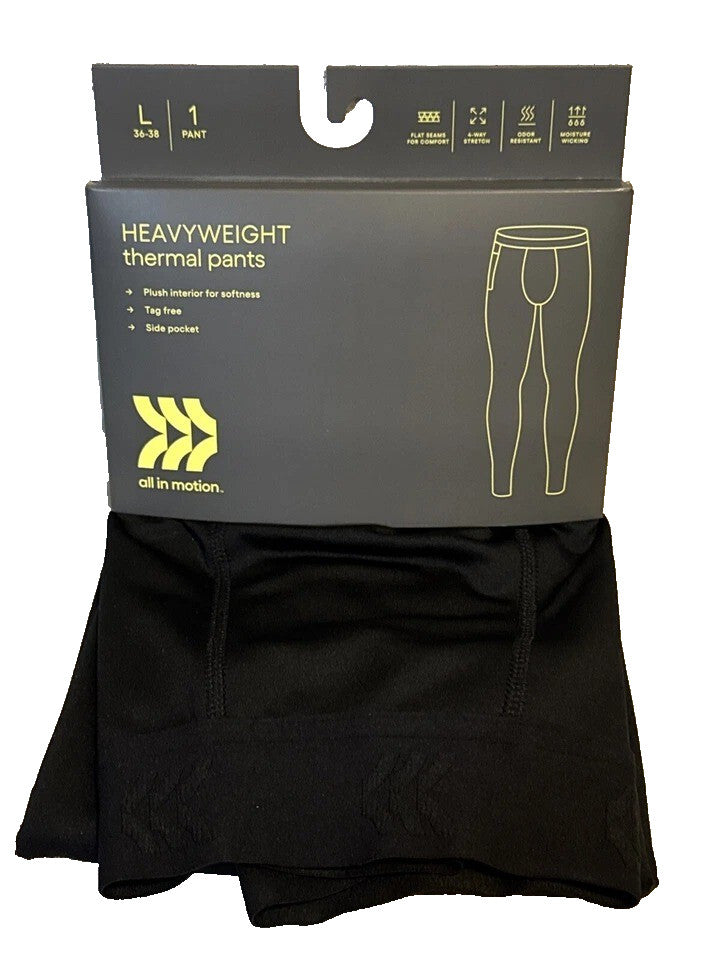 Men's Heavyweight Thermal Pants - All in Motion Black, Size Large 36-38, Stretchy Winter Base Layer