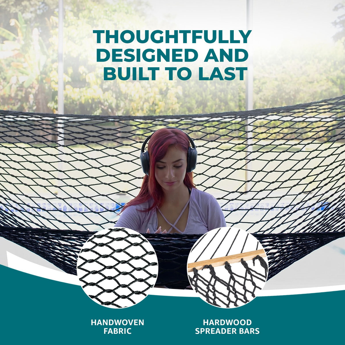 2-Person Cotton Rope Hammock with Spreaders - Black, 80x60 Inches
