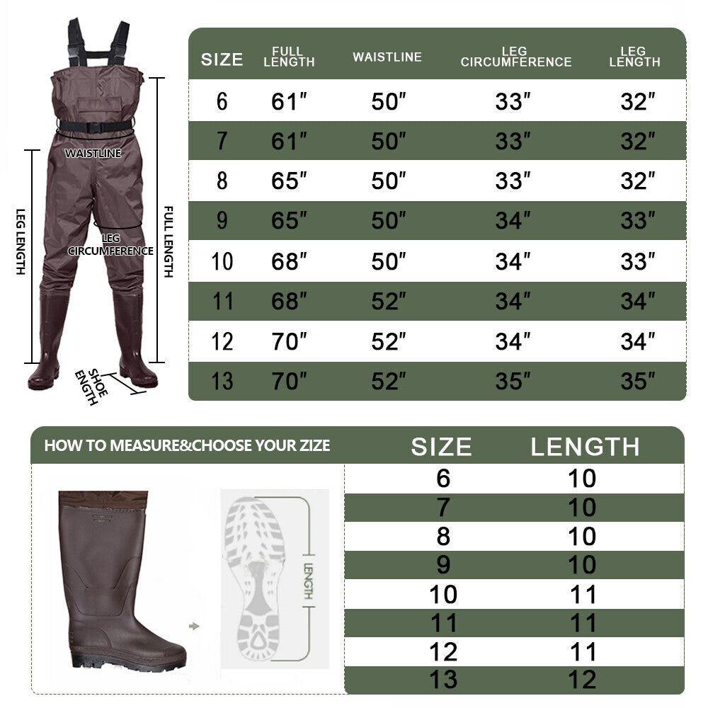 Waterproof Chest Waders for Fishing and Hunting - Nylon & PVC Bootfoot, All Sizes & Colors