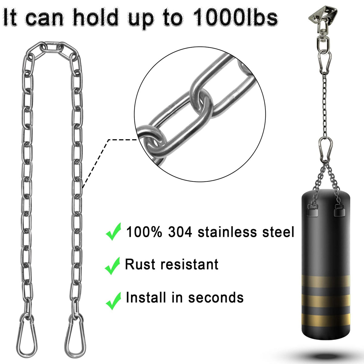 Heavy Duty Hammock Hanging Kit with 39-Inch Steel Chain & Swivel - Supports 1000lbs