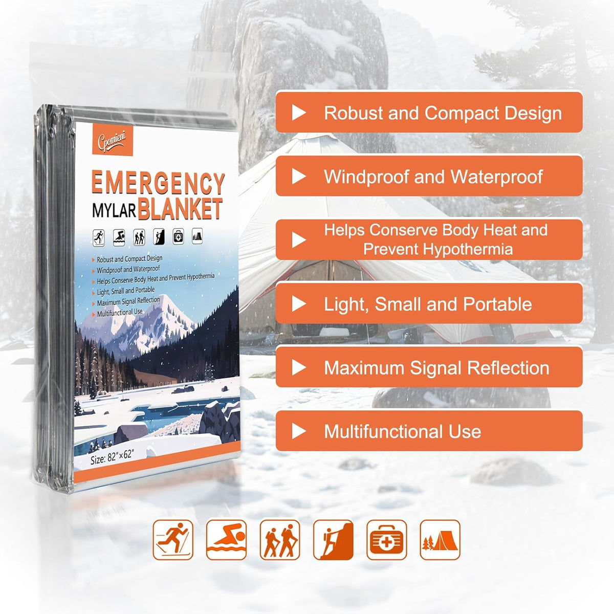 Large 82 x 62 Inch Emergency Mylar Survival Thermal Blanket - Pack of 4