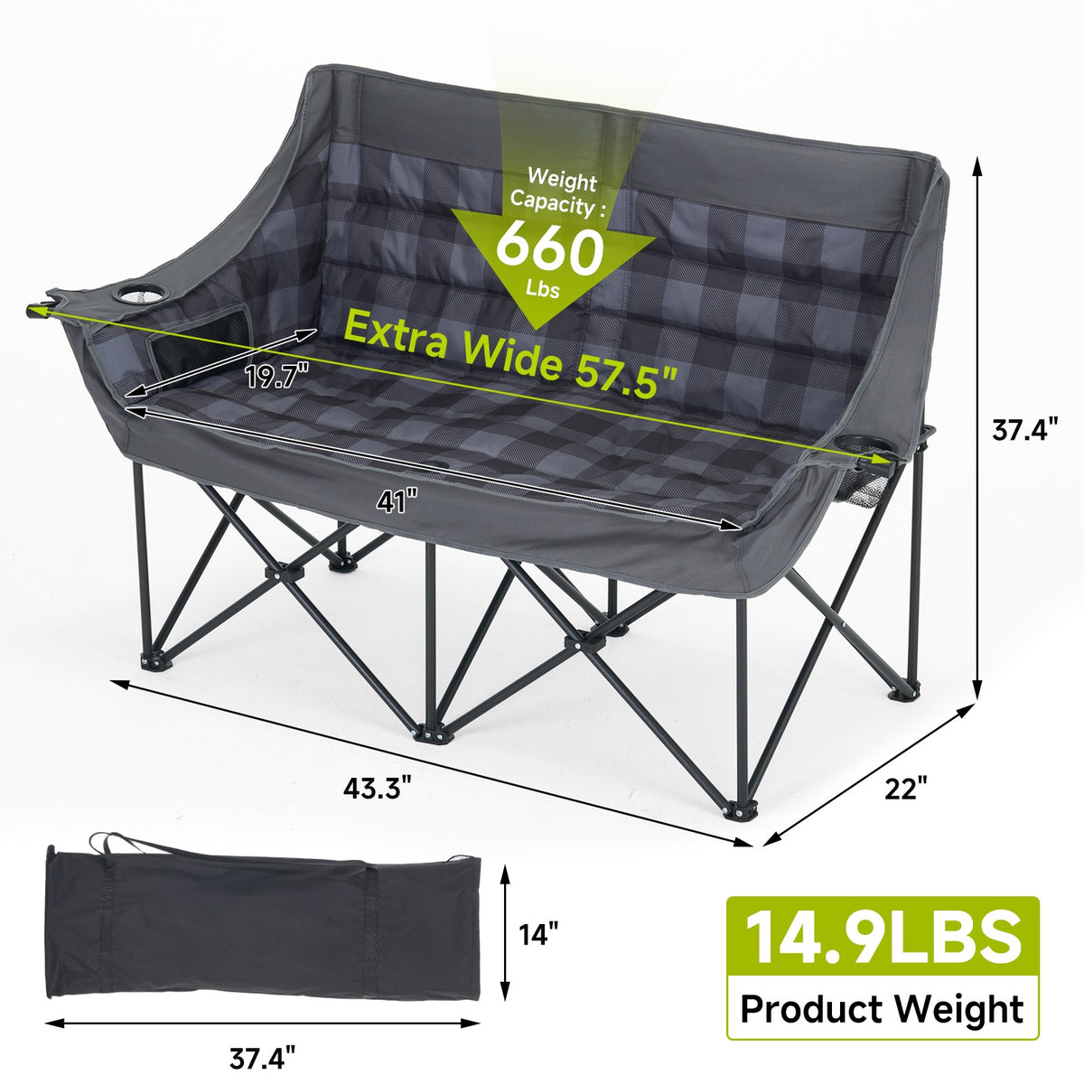 Oversized Folding Camping Loveseat Chair for 2 with Padded Seat Support 660lbs