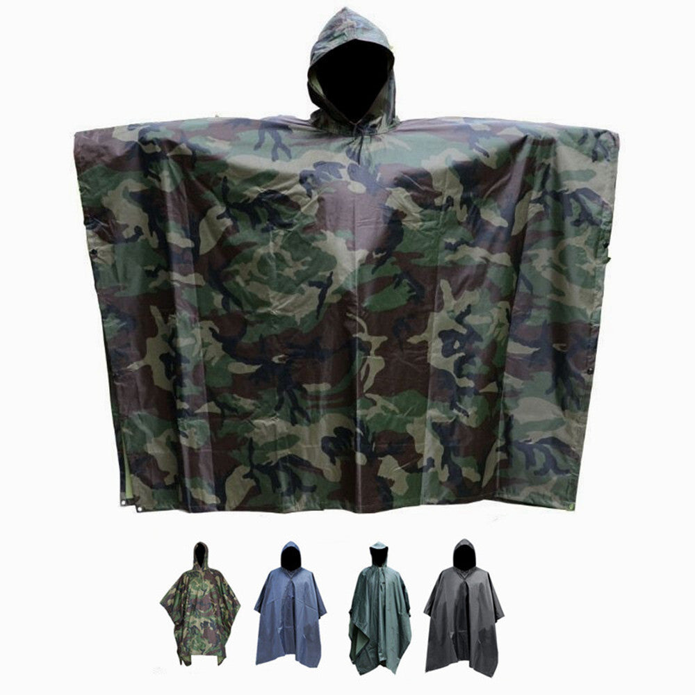 Military Style Multi-Use Rip-Stop Camouflage Rain Poncho - Waterproof Emergency Shelter