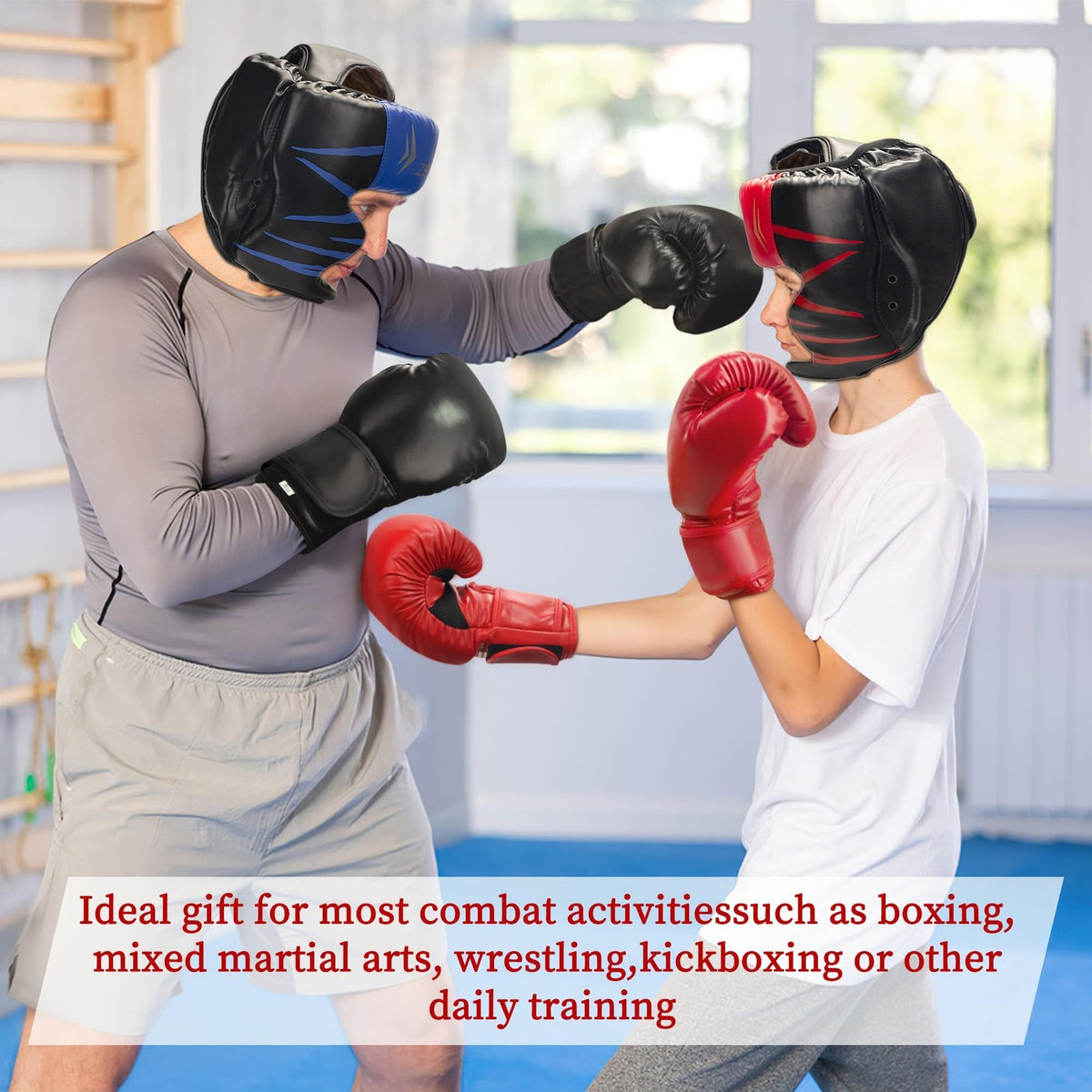 8-Piece Boxing Gloves Set with Headgear and Hand Wraps - PU Leather, Black & Red