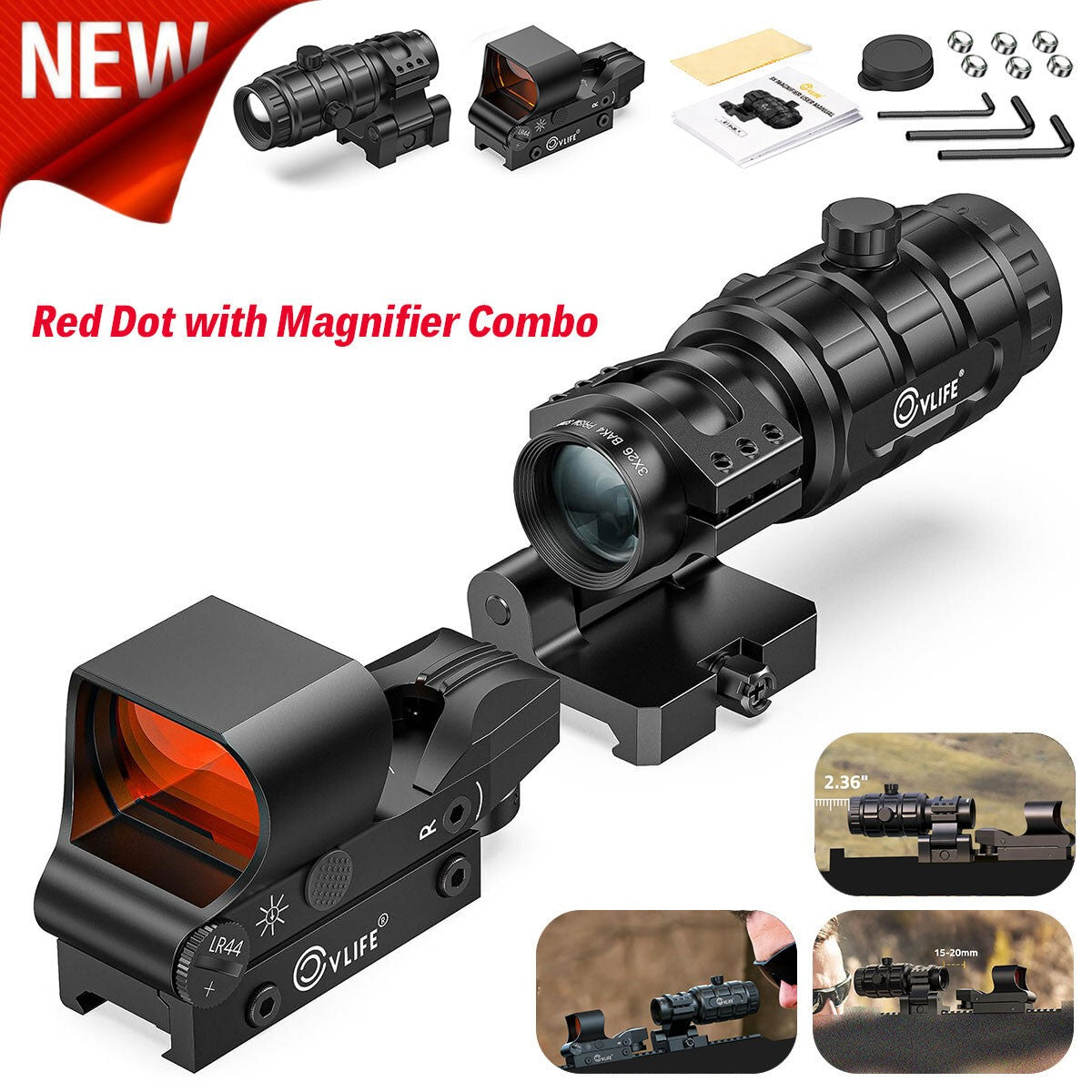 Red Dot with 3X Magnifier Combo, 4 Reticle Options, Mount