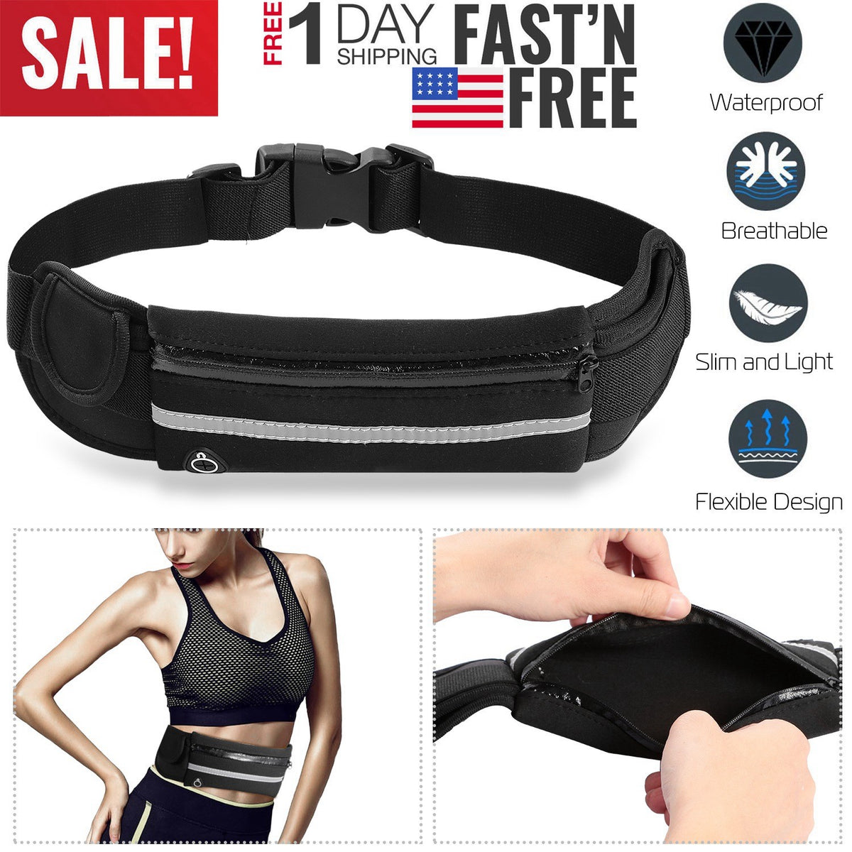 Waterproof Running Waist Bag with Adjustable Zip Belt for Sports & Jogging