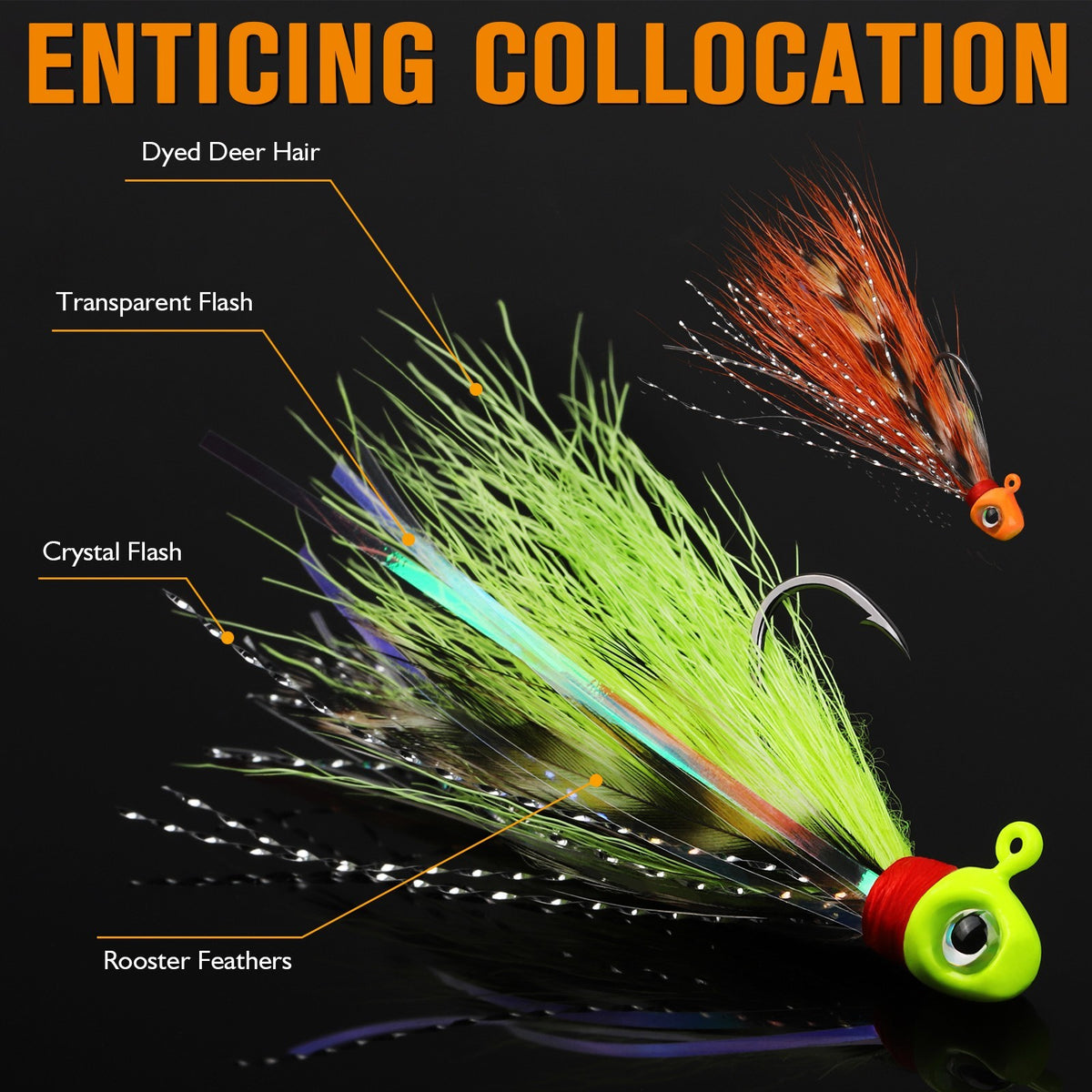 40PCS Fishing Jigs Kit - Hand-Tied Crappie Bucktail Hair Lures with 3D Eyes and V-Style Hooks