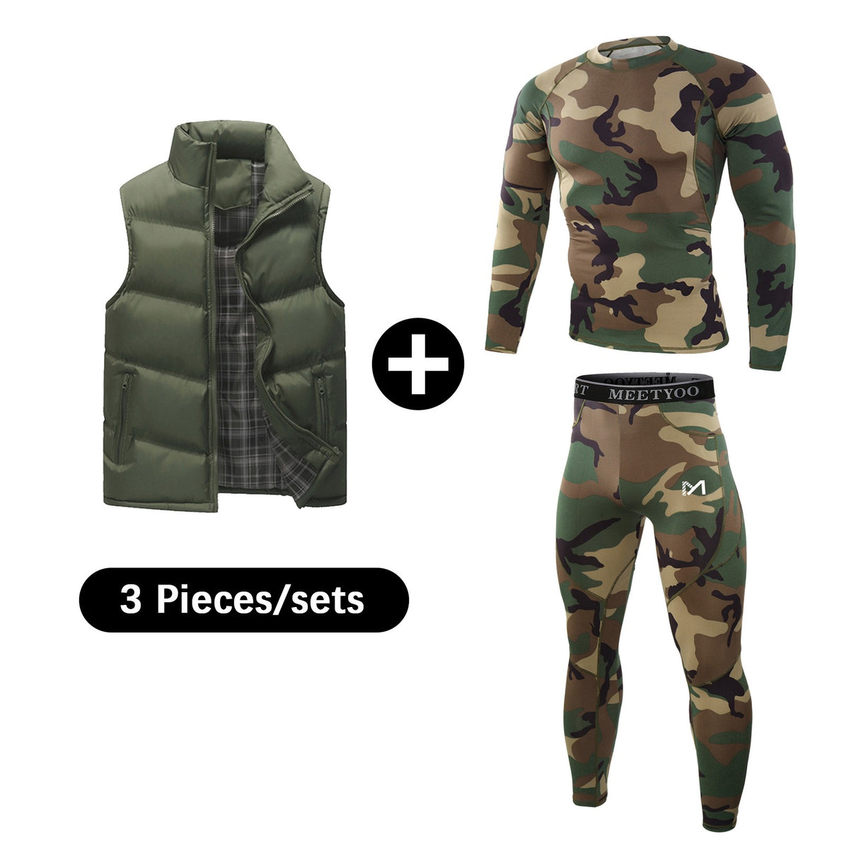 Men's 3-in-1 Thermal Winter Set with Fleece Top Bottom & Down Vest