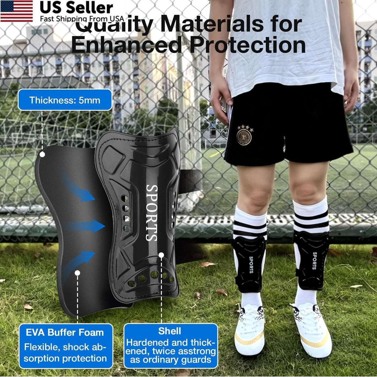 Youth Soccer Shin Guards with Shock Absorption Adjustable Fit - Black & White