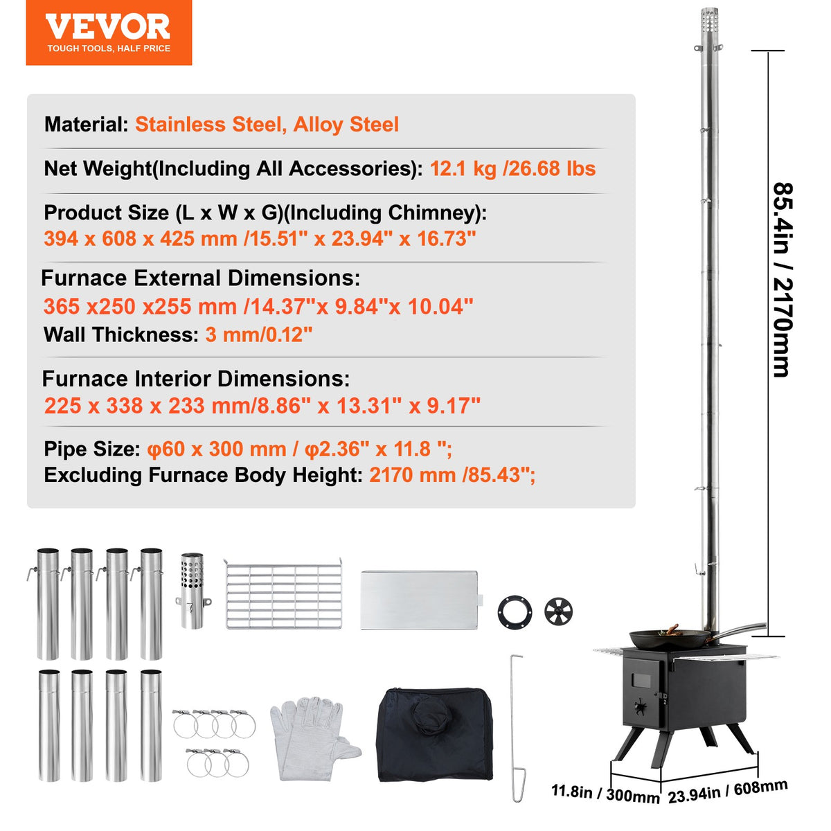 Portable Outdoor Wood Stove for Camping - 86 Inch Tent Heating & BBQ