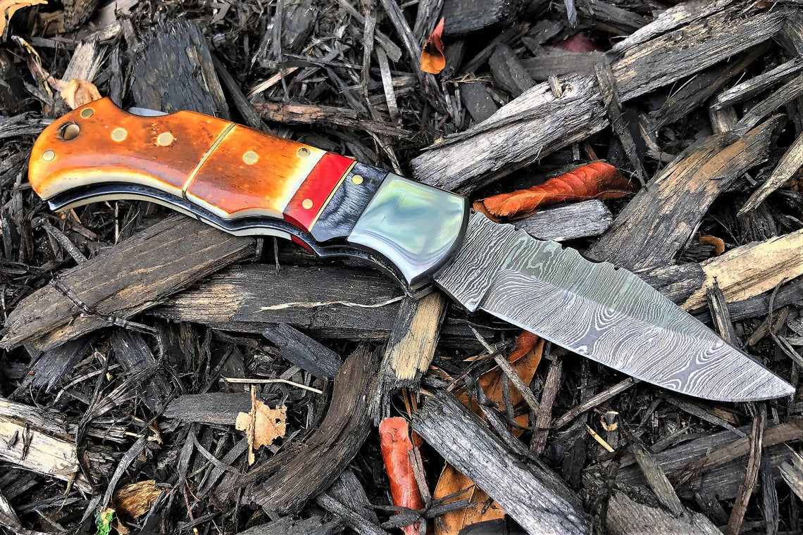 Damascus Folding Pocket Knife with Small Defects Handmade, Multiple Variants