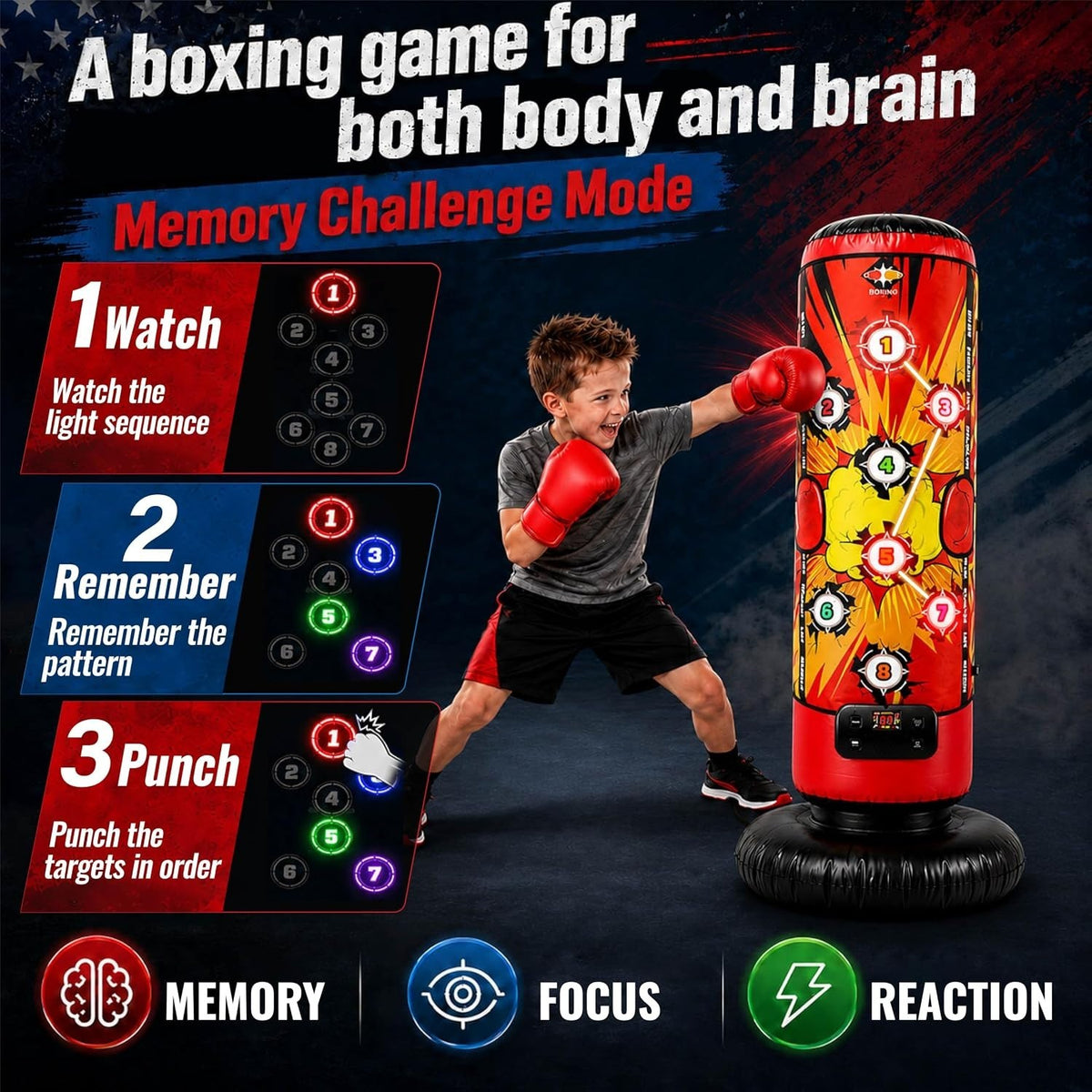 Kids Inflatable Punching Bag Set with LED Targets, Gloves, Mat & Pump