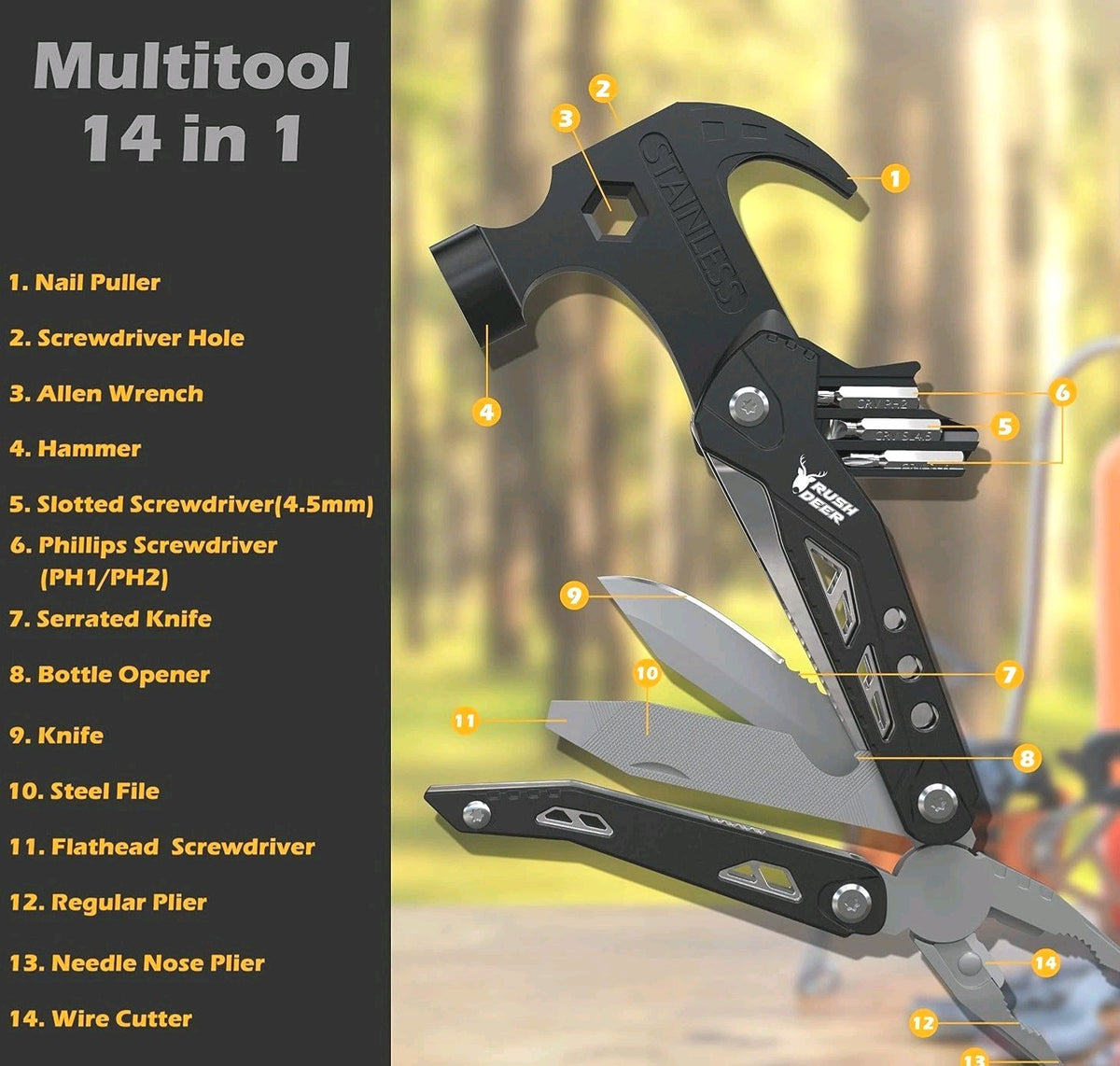 14-in-1 Stainless Steel Multi-Tool with Serrated Knife and Black Pouch