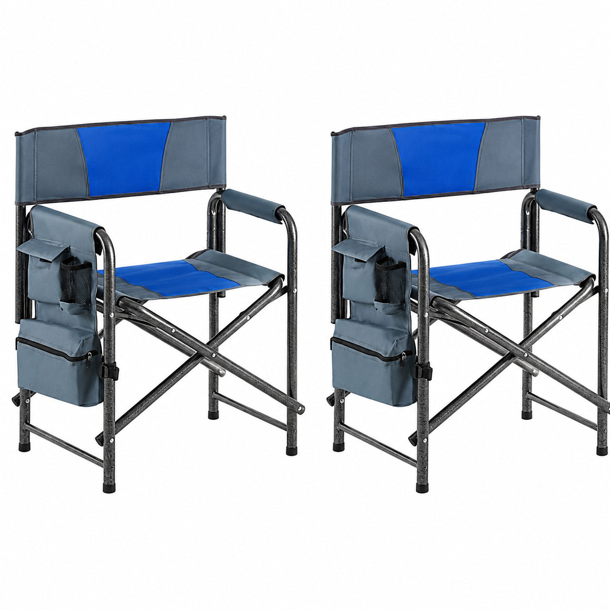 2 Pack Padded Folding Camping Chairs with Storage Pockets - Blue & Gray