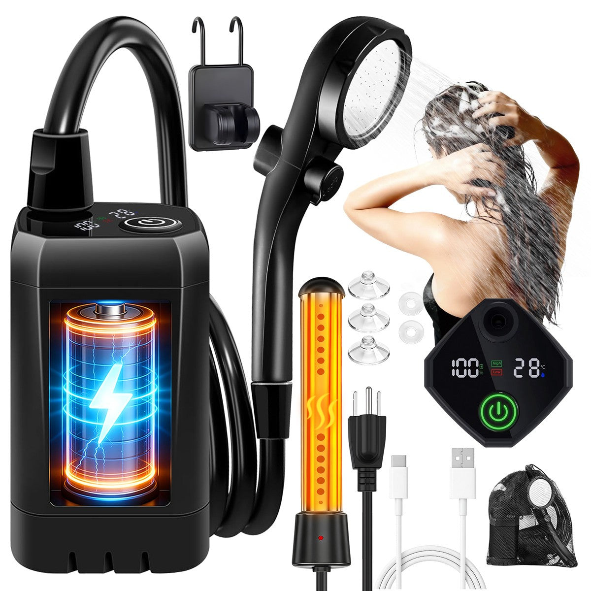 Portable Camping Shower with Water Heater and Rechargeable Pump - Outdoor Shower Set