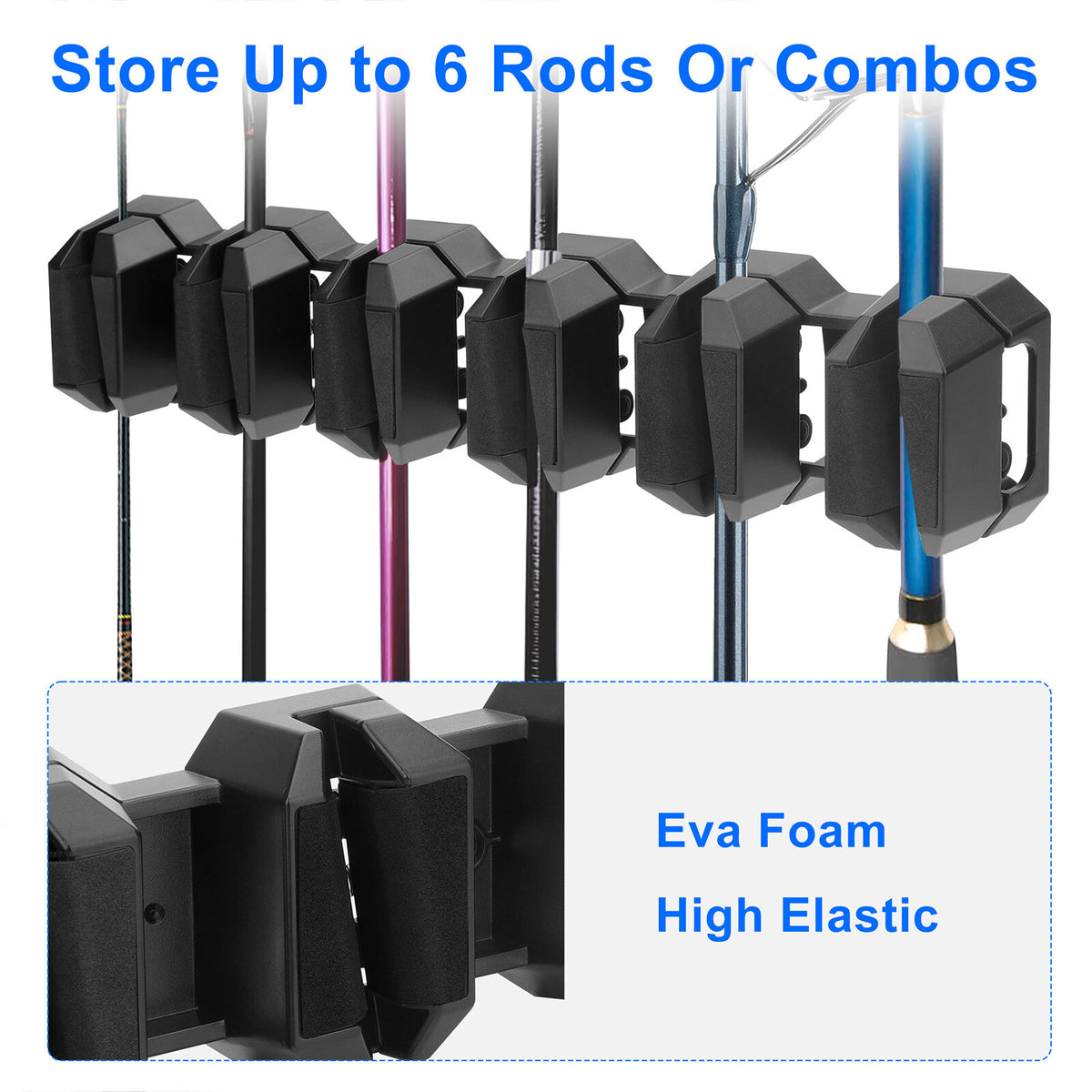 Wall Mount Fishing Rod Holder Rack for Garage & Boat Storage, Black