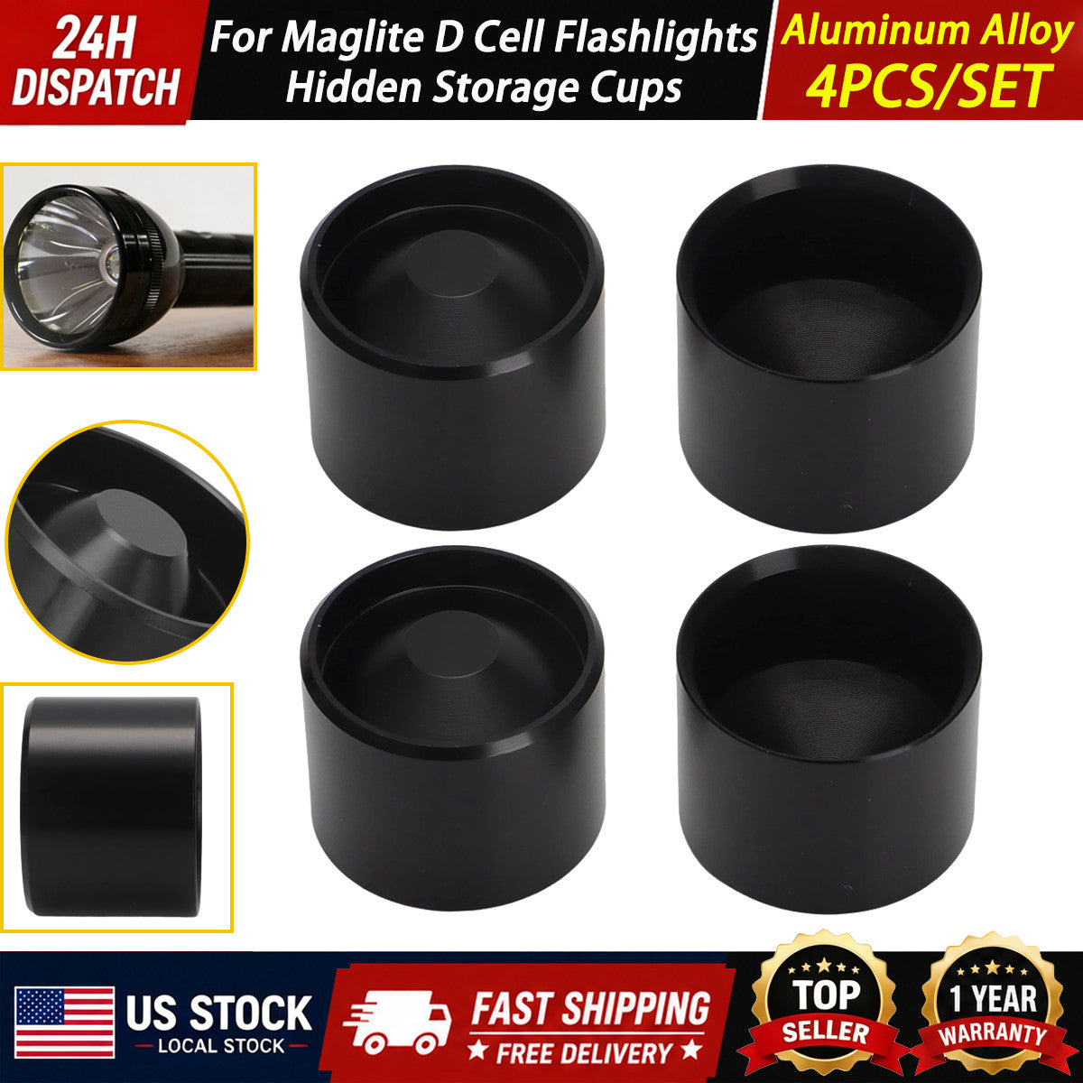 Maglite D Cell Storage Cups Set of 4 - Anodized Aluminum Non-Freeze Plugs