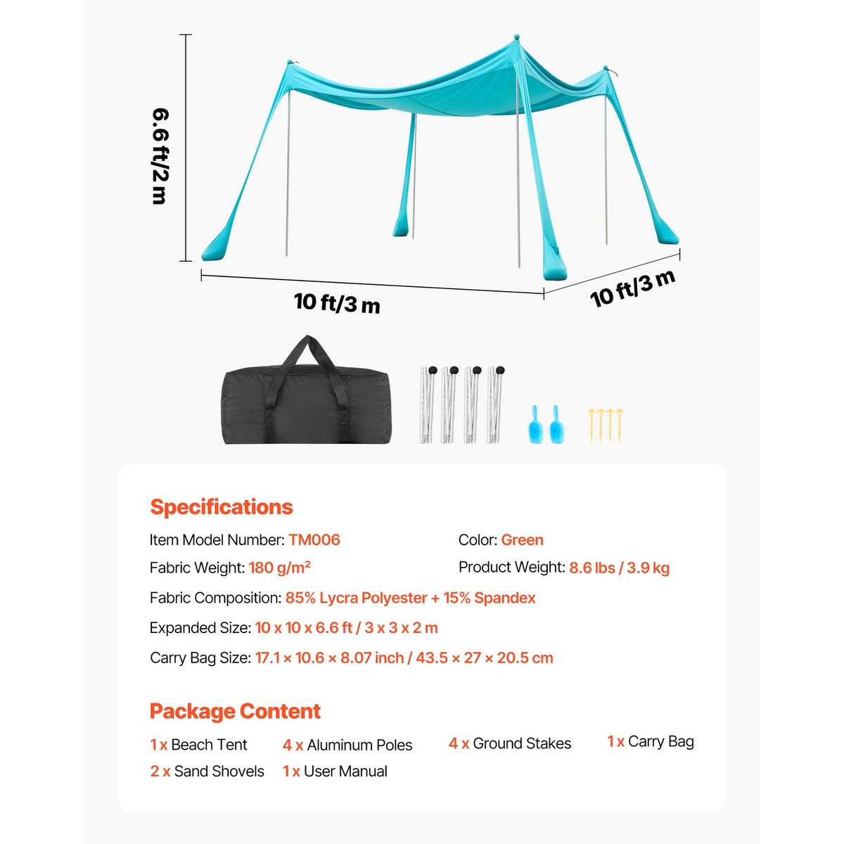10x10ft Pop Up Beach Tent Sun Shelter UPF 50+ Turquoise Portable Canopy