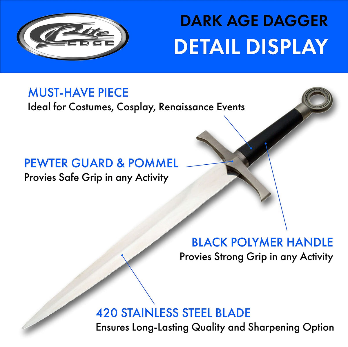 Medieval Dark Age Dagger Replica 15.5 Inch Display Collectible